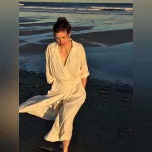 Wrap white linen dress size 4 pockets handmade dolman sleeves